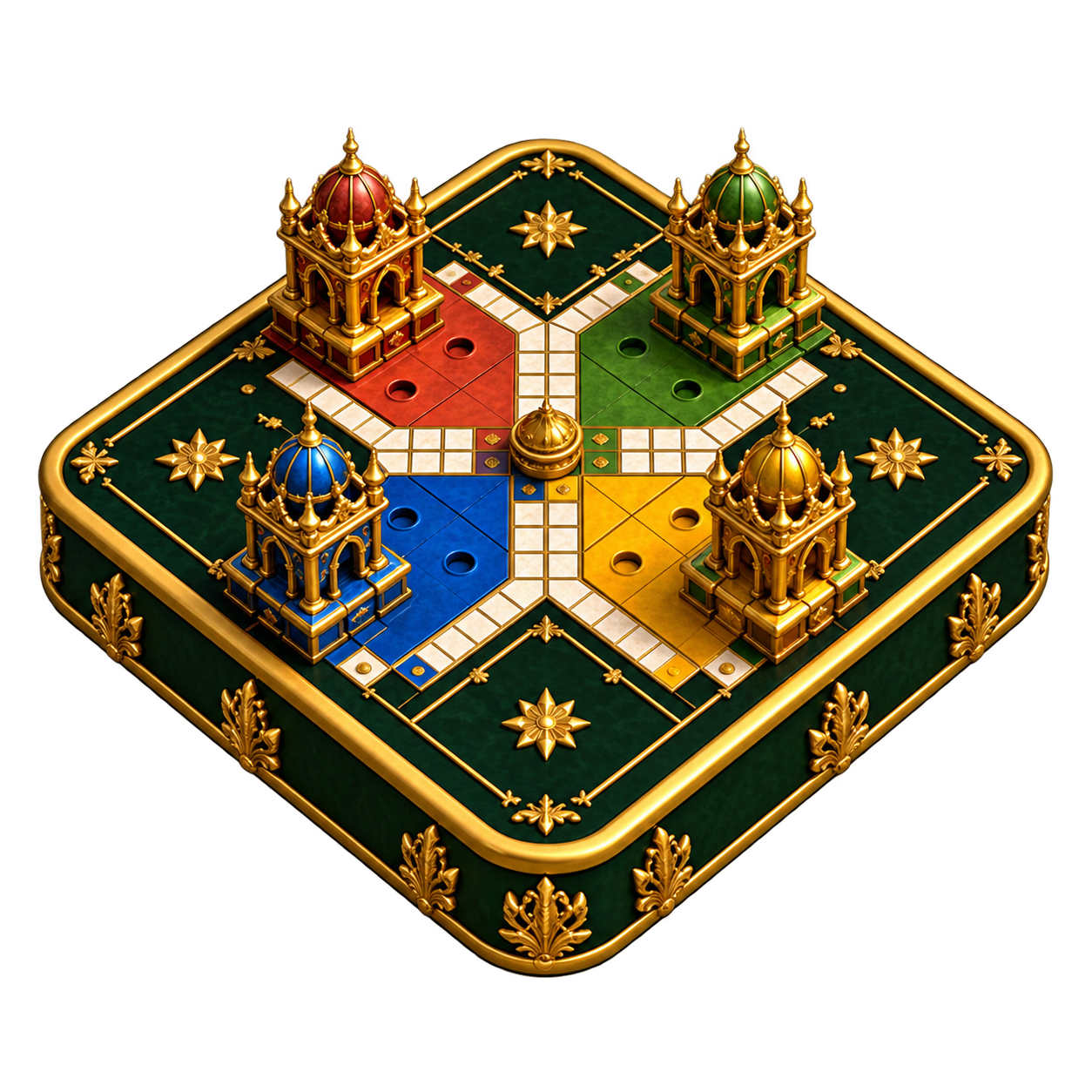Tabuleiro Royal de Ludo com quatro torres nas cores vermelho, verde, azul e dourado